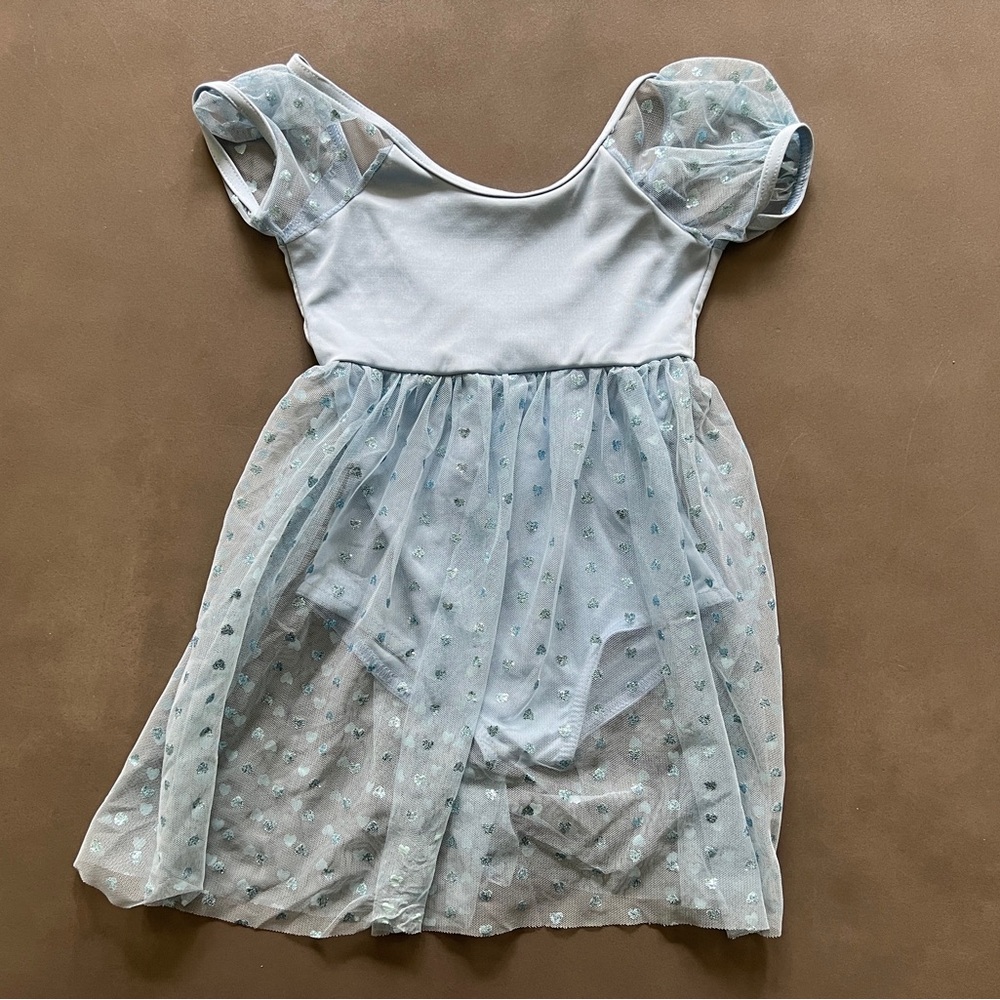 Capezio Light Blue Leotard Dress Bodysuit with Sheer Overlay Sz Small
